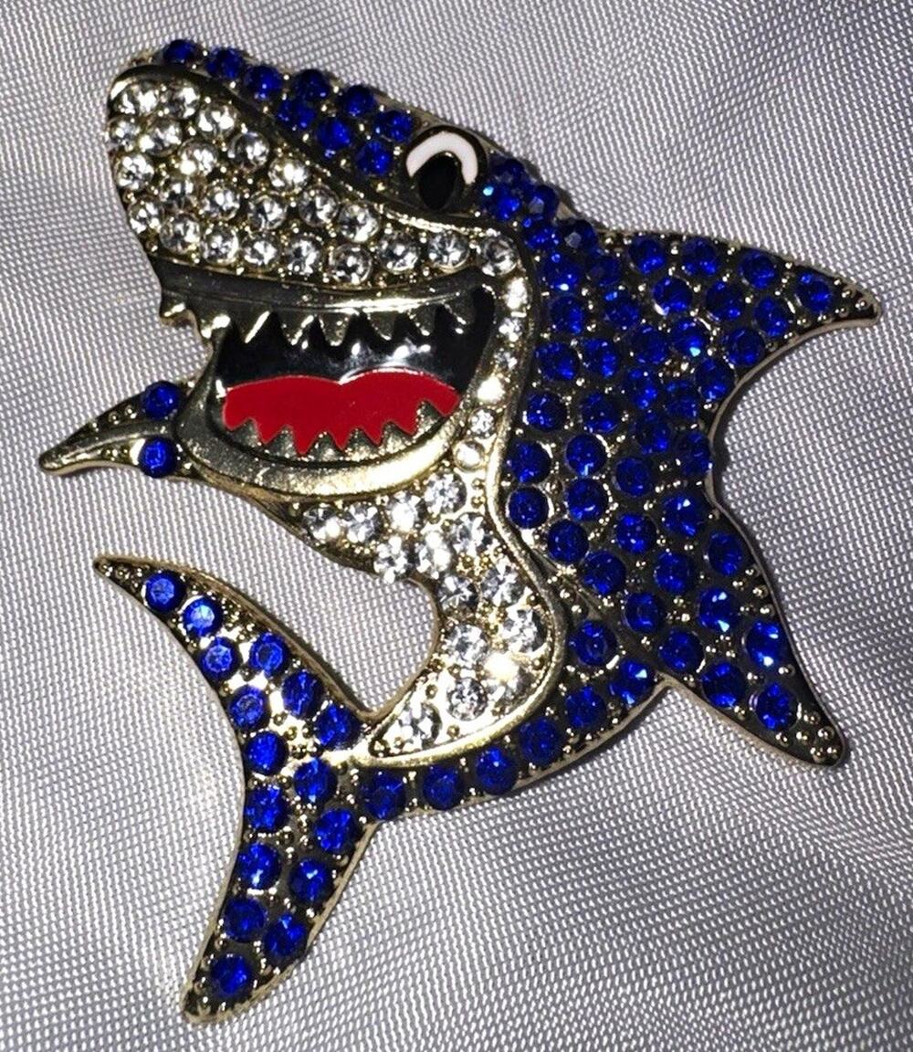 Blue Shark Brooch Rhinestone Gold Tone Enamel Ocean Sea Life Animal Jewelry Pin